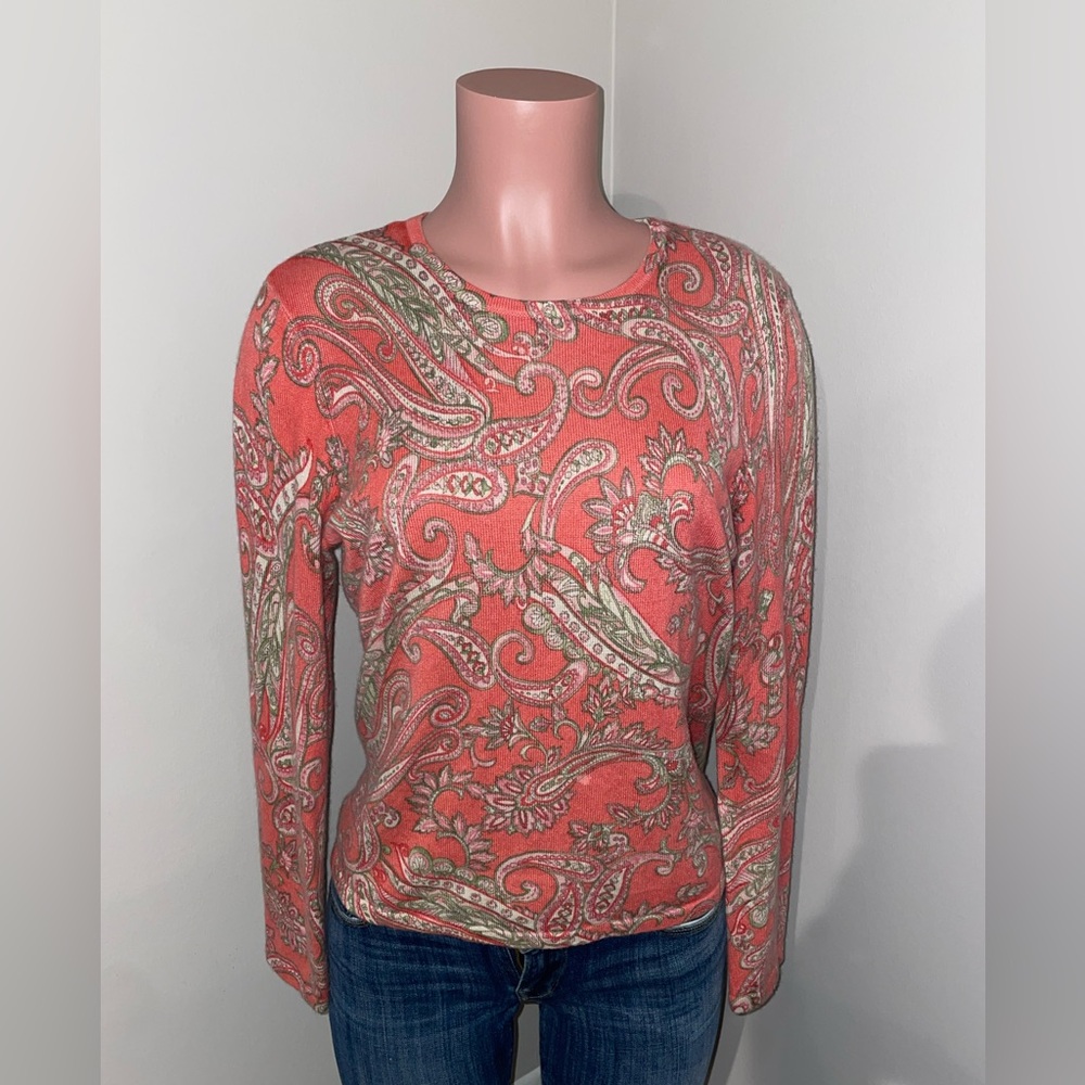Talbots Paisley Quarter Length Sweater Cashmere and Silk. Large- Coral and Olive